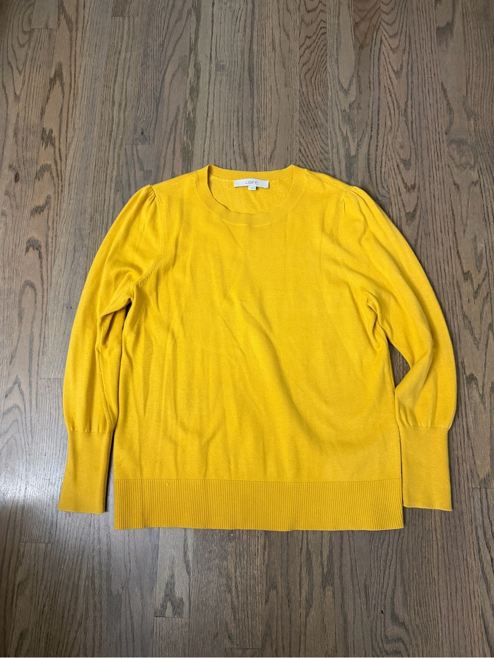 LOFT Mustard Lightweight Crewneck Sweater with Subtle Puff Shoulders - WORN ONCE